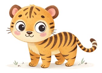 Adorable cartoon tiger cub with big eyes and stripes standing on white background