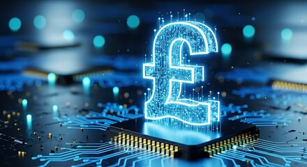 Digital pound sterling symbol glowing with blue neon light on a circuit board, representing financial technology and the future of currency