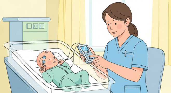 A medical professional conducts hearing screening on a newborn baby in a hospital setting.
