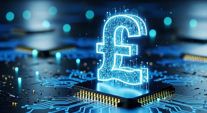 Digital pound sterling symbol glowing with blue neon light on a circuit board, representing financial technology and the future of currency