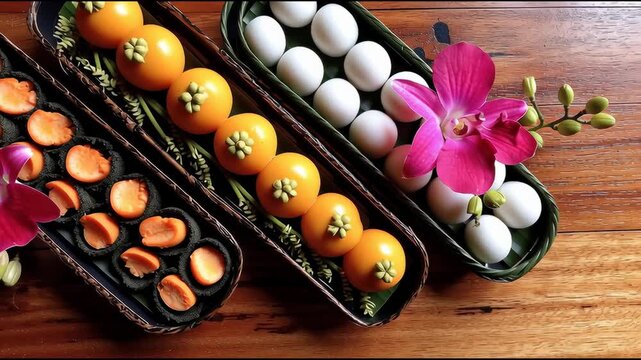 Thai desserts platter with Luk Chup (fruit-shaped mung bean sweets), coconut jelly, and Foi Thong, presented in elegant trays