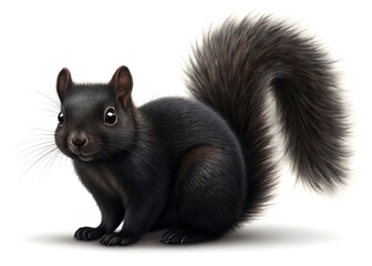 Obraz premium A detailed illustration of a fluffy black squirrel with a bushy tail on a white background