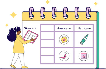 A person plans their beauty routine with a skincare hair care and nail care schedule on a calendar with sparkling stars