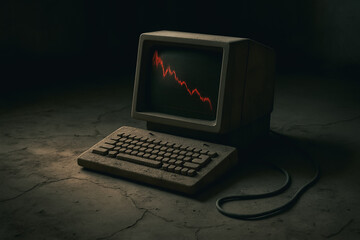 Declining Market: An antique computer displays a stark red graph plummeting downwards, creating a feeling of financial collapse in a dimly lit setting.