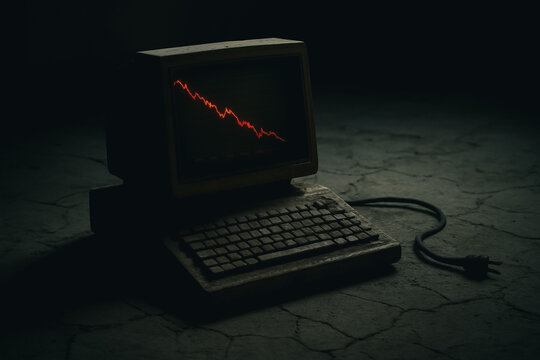 Gloomy Computer Displaying Declining Trend: An antiquated computer with a broken screen is illuminated by a dimly lit environment, projecting a downward-trending red graph.