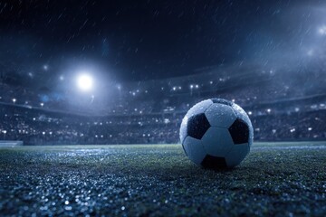 Naklejka premium Dramatic soccer ball resting on a wet stadium field illuminated by bright floodlights during a night rainstorm