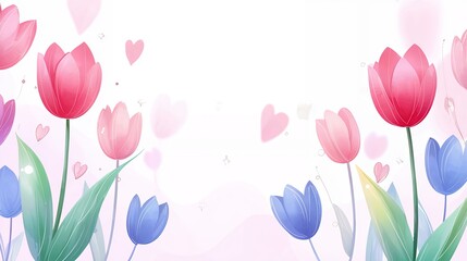 Watercolor Pink Blue Purple Tulips with Hearts Soft Romantic Floral Background