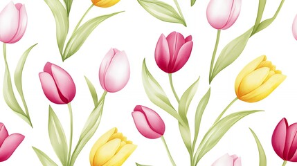 Obraz premium Watercolor Seamless Pattern of Pink Yellow White Tulips on White Background