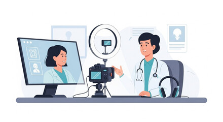 A doctor conducts a virtual consultation via video call, using a camera setup.