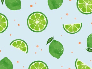 水色の背景に並ぶライムの水彩背景イラスト / Watercolor Lime Pattern on Light Blue Background