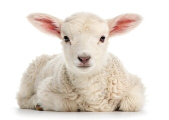 Fototapeta premium Adorable fluffy white baby lamb lying down on a white background looking at the camera