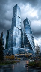 Modern skyscrapers under dramatic sky