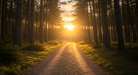 A sunlit path leads through a dense forest, with the sun shining brightly at the end of the trail, casting long shadows.