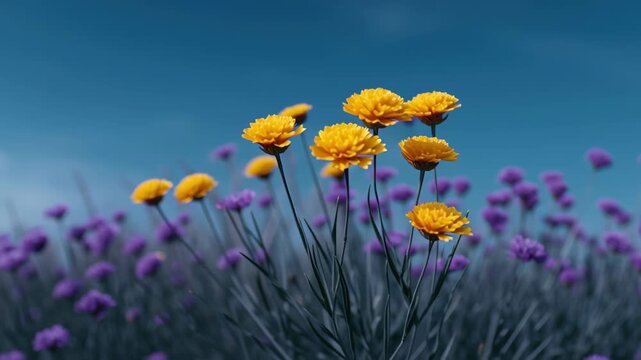 Vibrant Landscape of Wildflowers in Rewilding Project Showcases Stunning Yellow and Purple Blooms Under Clear Blue Sky