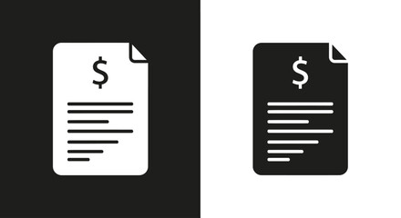 Two contrasting icons of a financial document, one white on black and one black on white, representing a bill or receipt.
