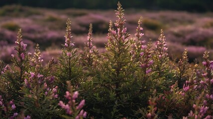 Obraz premium A close up view of a field of lavender plants with green leaves and pink flowers in the sunlight