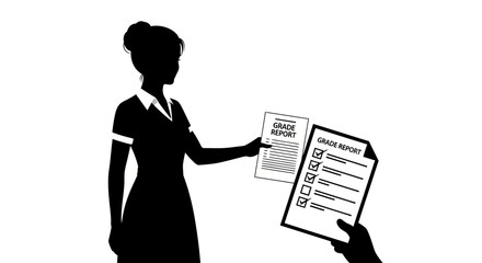 Silhouette of a woman presenting a grade report to another person.