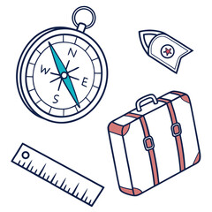 Compass, suitcase, ruler and shoulder strap isolated on white background