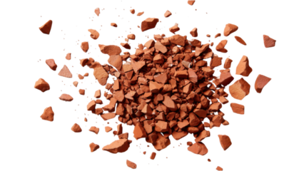 Irregular Scattered Terracotta Clay Fragments on a White Background