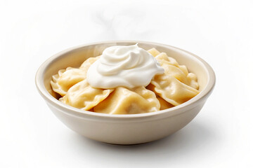 Creamy Sour Cream on Polish Pierogi in Beige Bowl dumplings