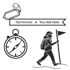 Travel and hiking icons with compass and sign isolated on white background
