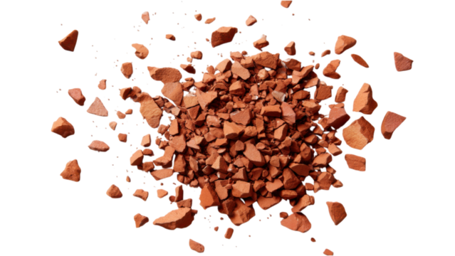 Irregular Scattered Terracotta Clay Fragments on a White Background
