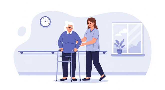 Nurse assisting elderly woman with walker in rehabilitation center. - Powered by Adobe
