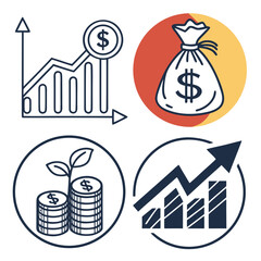 Financial growth concept with graph, money bag, coins and arrow, line art
