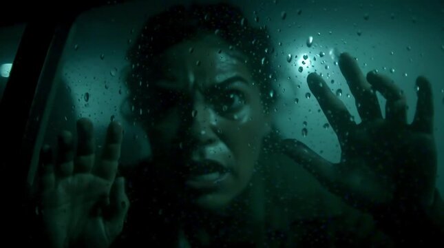 Panic-stricken woman trapped in submerged car during underwater horror scene

