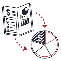 Financial report and pie chart for business analysis isolated on white