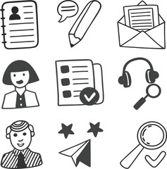 Hand-drawn Doodle Icons:  Customer Service, Communication, Feedback, and Business Process Workflow.
