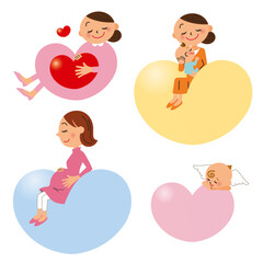大きなハートの上に座る母親と赤ちゃんと妊婦