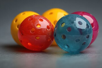 Vibrant four colored pickleballs arranged on a smooth surface showcasing modern outdoor sports equipment for recreational play and competition