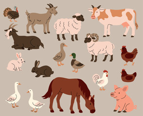 Flat illustration of various farm animals including cow, pig, sheep, goat, duck, goose, turkey, chicken, and rooster. Cute cartoon style on beige background, perfect for childrens books and farm