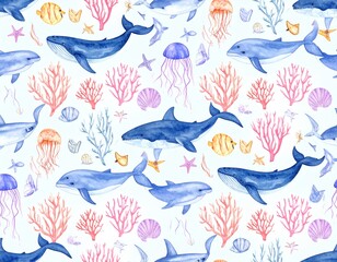 Obraz premium Watercolor seamless pattern with underwater world Bright fish, whale, shark dolphin starfish animals. Jellyfish seashells. Sea and ocean fish life background