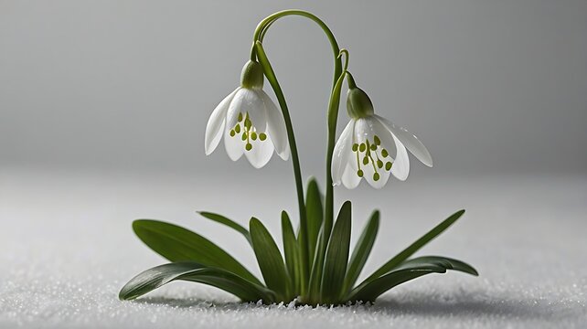 A close up of two delicate snowdrop flowers blooming amidst a dusting of snow on a gray background
