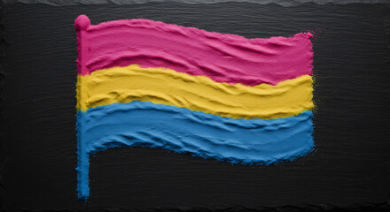 A textured Pansexual Pride Flag is depicted on a dark background, created with pink, yellow and blue powder or pigment.