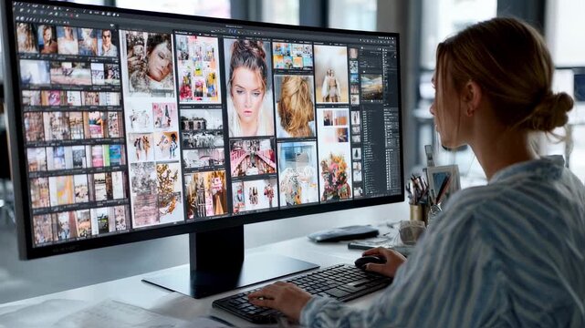 Female photo editor comparing multiple images sidebyside on a large monitor preparing visuals for a glossy magazine layout.