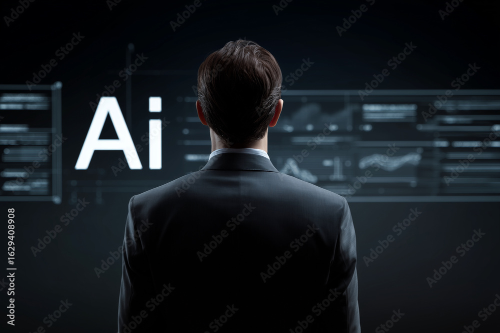 Wall mural a man in a suit is looking at a computer screen with the word ai on it