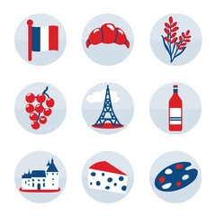 French icon set including croissant, flag, wine, grapes, castle and cheese, for a travel website or country flyer of la douce France
