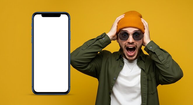 Excited man holding head near blank phone screen on yellow background