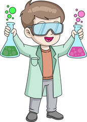 A cheerful cartoon illustration of a young male scientist wearing safety goggles and a lab coat, excitedly holding two bubbling conical flasks with green and pink liquids