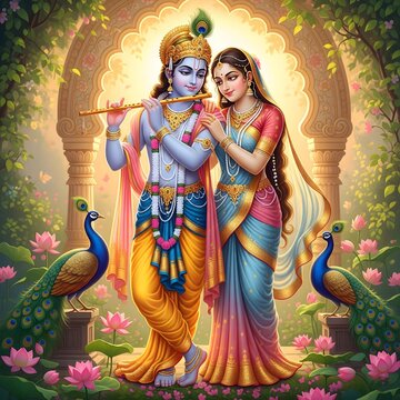 Lord krishna and radha in a divine garden playing flute with peacocks and lotus flowers