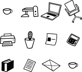 Hand-drawn office icons: laptop, chair, printer, plant, documents, calculator, books, coffee cups, minimalist style, black and white.