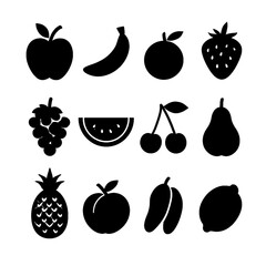 Fruit Silhouettes Set with Black Icons on White Background