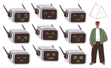 Nine robotic faces expressing various emotions near a person observing them alongside a tetrahedron figure. Ideal for robotics, AI, emotion recognition, technology, innovation, education, creativity