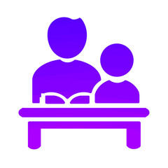 Purple flat icon of adult and child sitting at table with open book representing learning and tutoring
