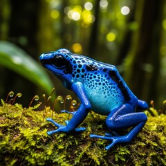Obraz premium Blue Poison Dart Frog on Mossy Branch