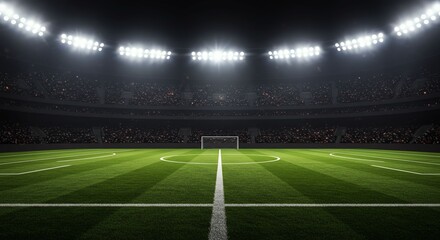 Fototapeta premium Empty Football Stadium Under Bright Night Lights with Green Field and Goal Posts