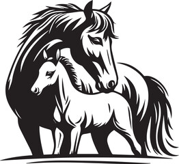 Vector art of elegant mare and foal horse portrait isolated on white background in black and white